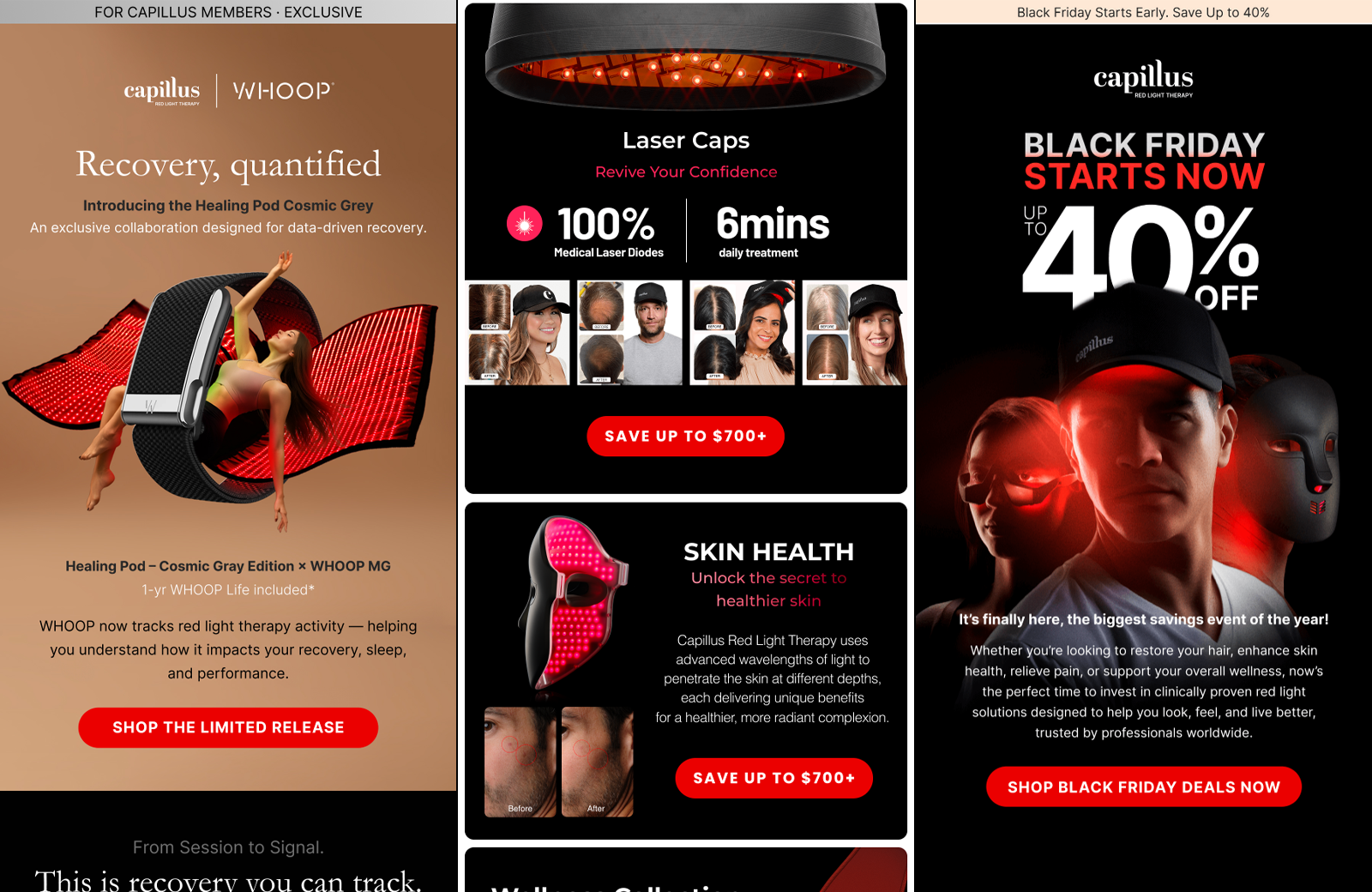 Capillus email campaign with WHOOP collaboration and Black Friday promo