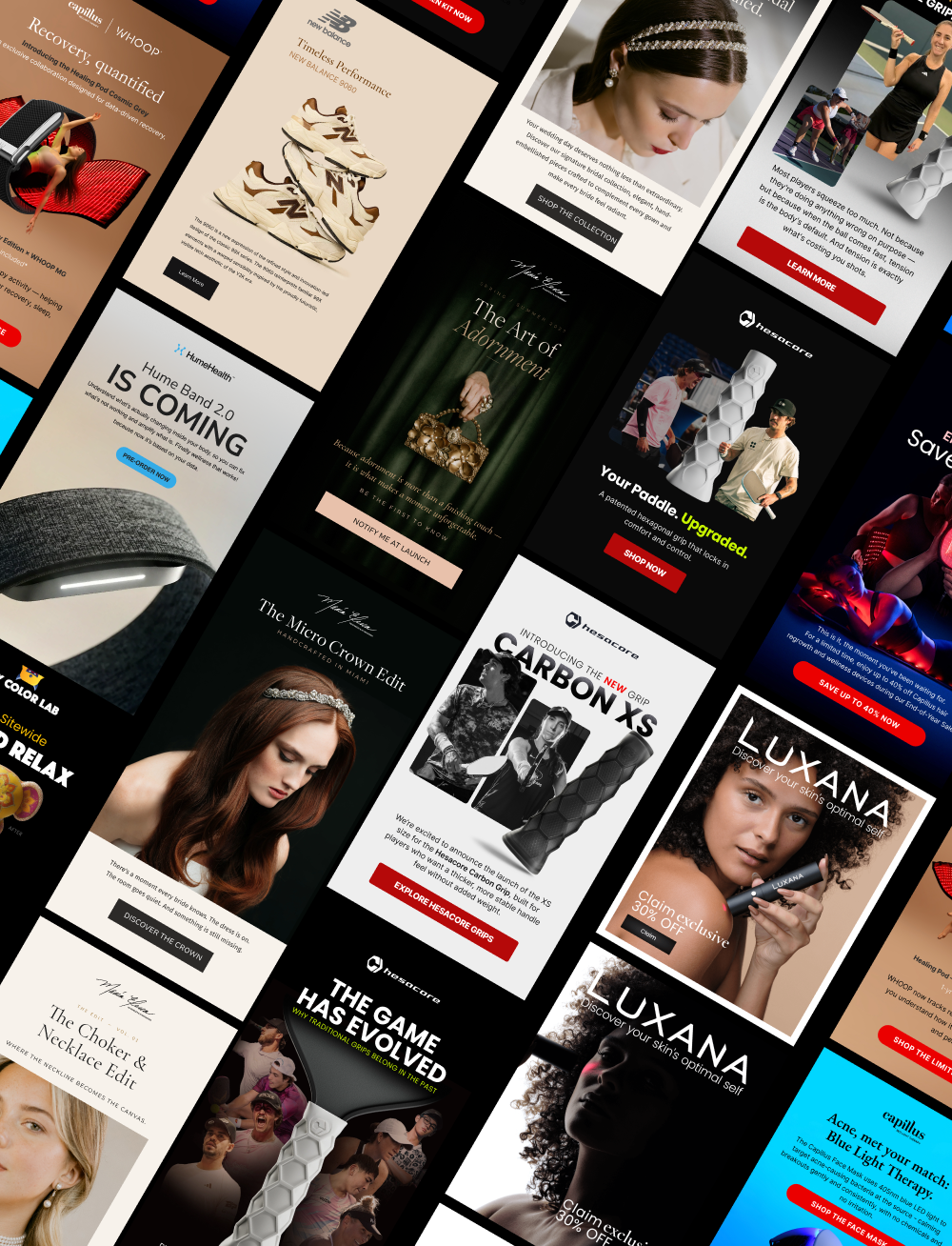 Collage de diseños de campañas de email y SMS creadas por Olko para marcas de ecommerce