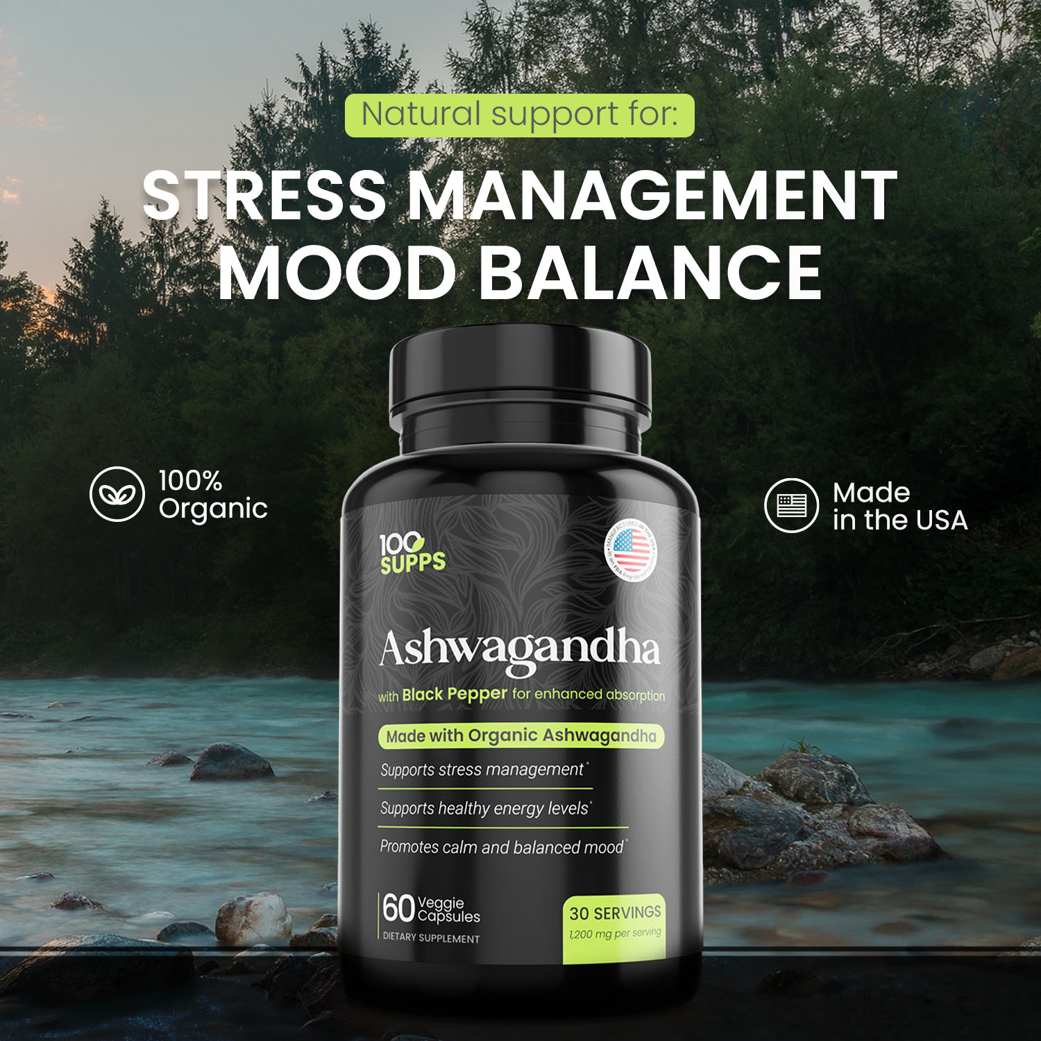 100SUPPS Ashwagandha stress and mood balance ad