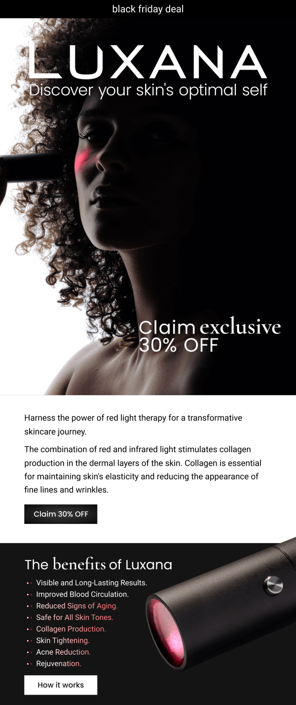 Luxana red light therapy email campaign